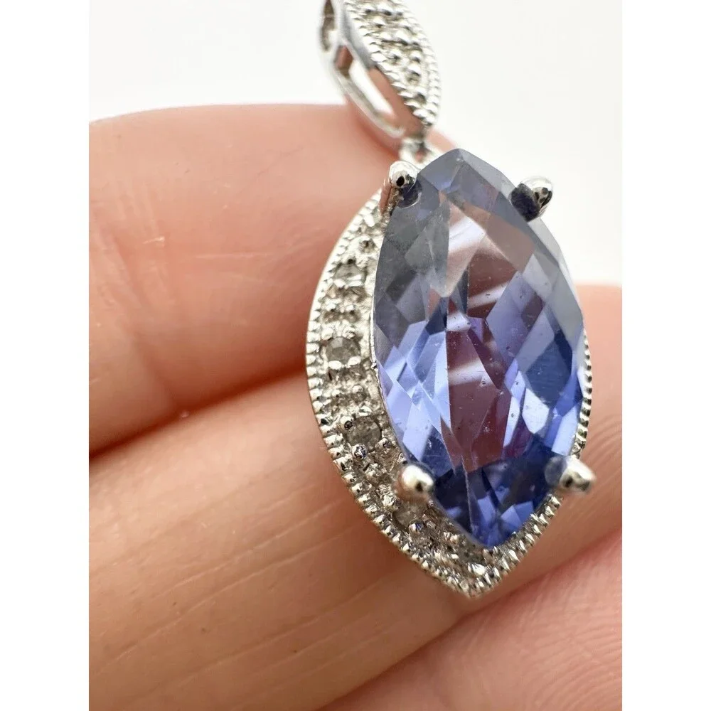 925 Sterling Silver Marquise blue Spinel Pendant with Diamond